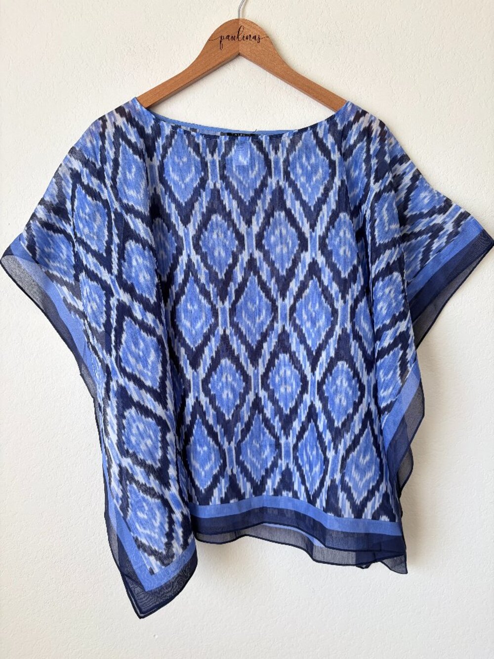 New Talbots Top Womens XS Blue Ikat Print Silk Blend Poncho Sheer Cape Blouse